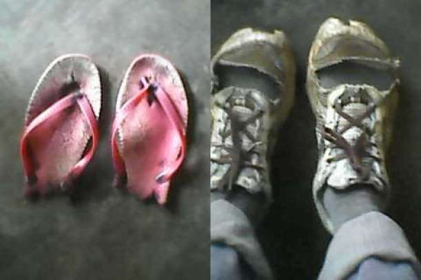 wornout oversewn slippers and shoes that have turned open. 11th jan 2021 22