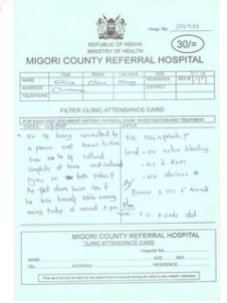 migori county ref. hosp. card no. 24939 2015 victor ochieng assaults me with stones and insults prodded by his parents peter and pamela mango then flees to mombasa. ob49 16th may 2015 3